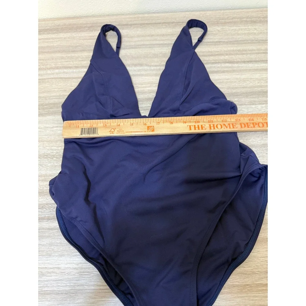 Andie Women One Piece Swimsuit Large‎ Navy Blue Deep V Neck Minimalist Coastal